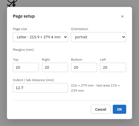 The Page setup dialog.