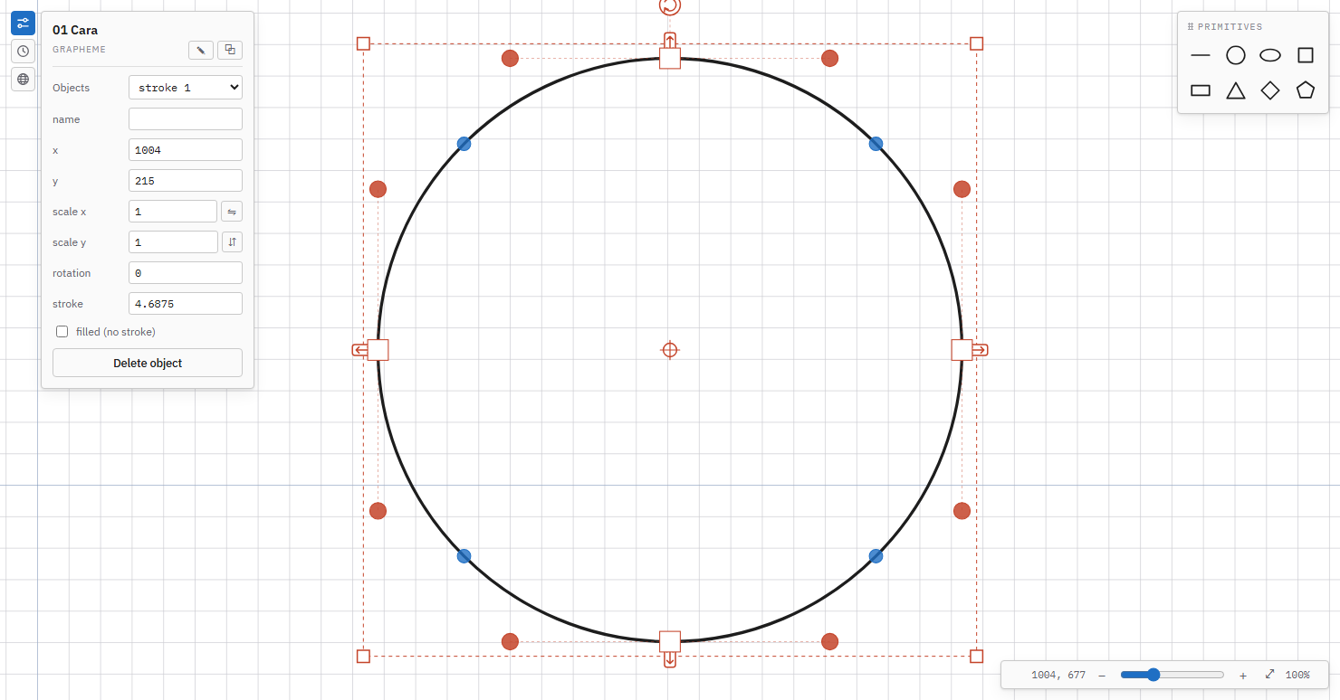 The handles of the selected object: vertices, control points and segment toggles.