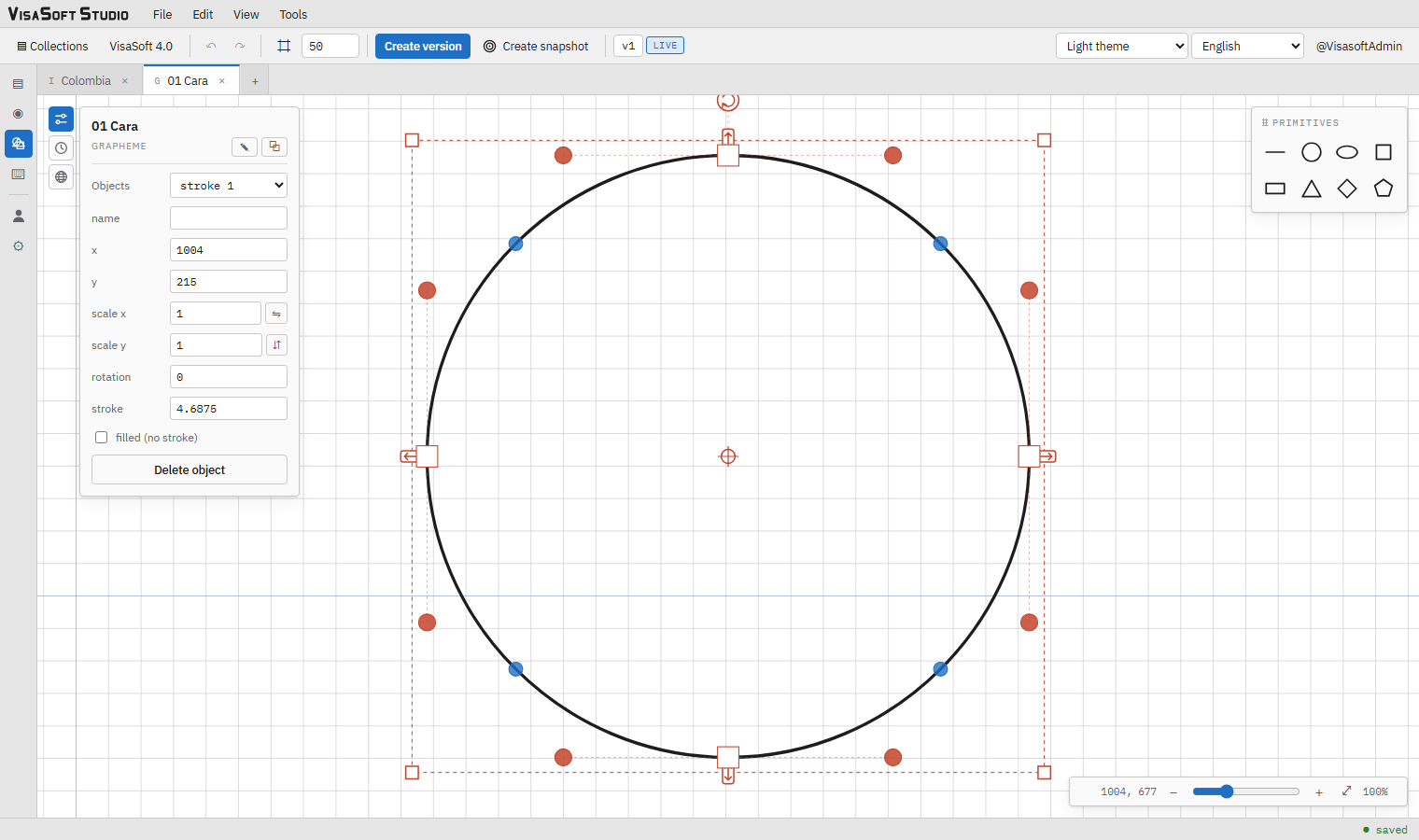 The grapheme editor with the object of the Face grapheme selected.