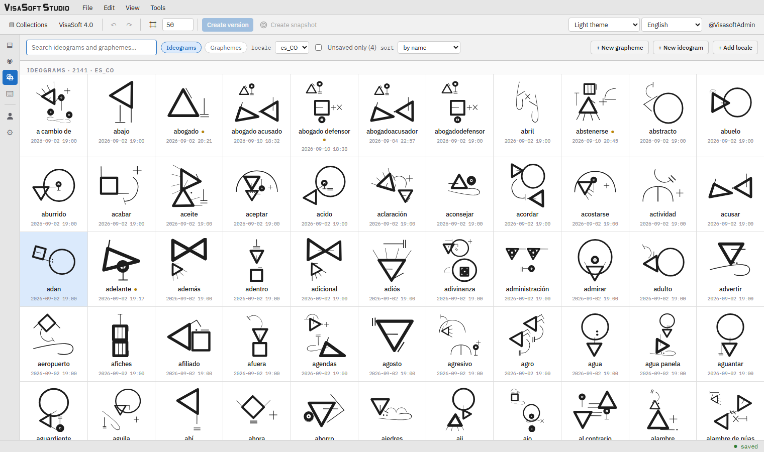 The collection's item browser, with the es_CO ideograms.