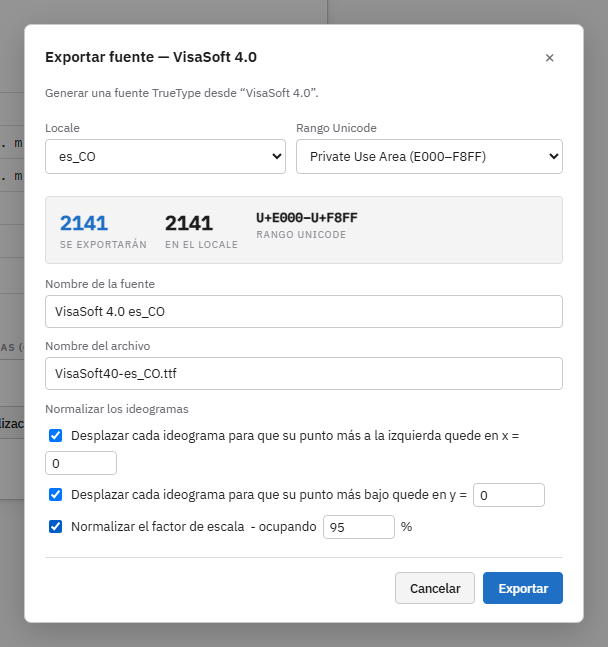 El diálogo Exportar fuente con las tres normalizaciones marcadas.