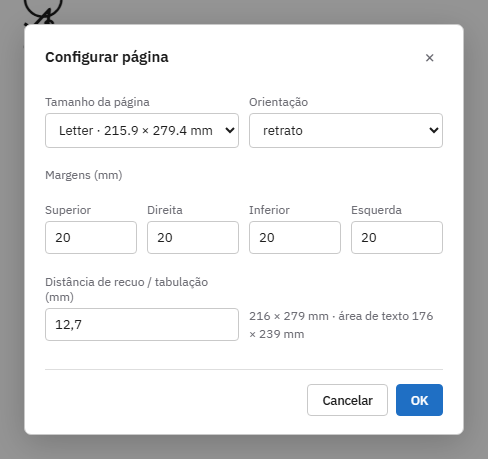 O diálogo Configurar página.